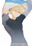  1boy alfred_(fire_emblem) black_shirt blonde_hair fire_emblem fire_emblem_engage green_eyes highres looking_at_viewer one_eye_closed shirt training_outfit_(fire_emblem_engage) upper_body workout_clothes xun_32 