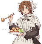  1boy apron bad_id bad_pixiv_id black_dress bow braid brown_hair cherry_tomato chicken_(food) chopsticks collared_dress crossdressing dress ensemble_stars! food fried_chicken green_eyes hair_between_eyes hair_bow highres holding holding_chopsticks holding_plate long_sleeves looking_at_viewer maid male_focus male_maid meremero mikejima_madara neck_ribbon open_mouth plate puffy_long_sleeves puffy_sleeves ribbon salad short_hair simple_background smile solo tomato white_apron white_background white_ribbon 