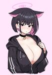  1girl animal_ears black_choker black_hair black_jacket blue_archive blush breasts cat_choker cat_ears choker cocktiel77 colored_inner_animal_ears colored_inner_hair extra_ears hair_ornament hairclip halo hood hooded_jacket jacket kazusa_(blue_archive) large_breasts long_sleeves looking_at_viewer multicolored_hair no_bra partially_unzipped pink_hair pink_halo red_eyes short_hair solo two-tone_hair 