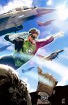  2boys aircraft alejandro_sanchez artist_logo artist_name black_bodysuit blue_sky bodysuit brown_gloves brown_hair clenched_hand collaboration comic_cover cover_image day dc_comics flying gloves green_bodysuit green_lantern green_lantern_(series) green_mask grin highres multiple_boys official_art outdoors pilot pilot_helmet salute sampere_art short_hair sky smile thumbs_up two-finger_salute two-tone_bodysuit watch western_comics_(style) white_gloves wristwatch 