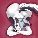  1:1 anthro anus blush breasts butt canid canine female fur grey_body grey_fur helluva_boss hi_res loona_(helluva_boss) mammal marianart_1 pose red_eyes shaded simple_background solo tail 
