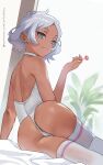  1girl aqua_eyes ass ass_focus candy closed_mouth dark-skinned_female dark_skin food from_behind gundam gundam_suisei_no_majo highres holding holding_candy holding_food holding_lollipop leotard lollipop looking_at_viewer looking_back secelia_dote short_hair solo thighhighs thighs white_hair white_leotard zefrableu 