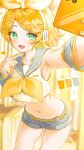  1girl armpits bare_shoulders blonde_hair bow breasts cellphone commentary crop_top detached_sleeves food foreshortening fruit fruit_hair_ornament green_eyes grey_sailor_collar grey_shorts grey_sleeves hair_bow hair_ornament hairclip headphones headset heart highres holding holding_phone kagamine_rin leg_warmers midriff narrow_waist navel neckerchief open_mouth orange_(fruit) orange_slice outstretched_arm phone sailor_collar selfie shirt shirubaa short_hair short_shorts shorts sleeveless sleeveless_shirt small_breasts smile solo v vocaloid yellow_nails yellow_neckerchief yellow_theme 