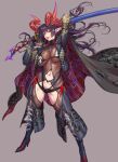  1girl bodysuit bra cape character_request clothing_cutout copyright_request fujii_eishun highres horns impossible_bodysuit impossible_clothes katana long_hair looking_at_viewer purple_hair red_eyes simple_background solo standing sword underwear weapon 