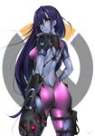  alternate_hairstyle ass back back_tattoo bodysuit breasts breasts_outside cowboy_shot glowing hair_down highres long_hair looking_at_viewer looking_back medium_breasts overwatch parted_lips pink_bodysuit purple_hair solo spider_tattoo tattoo tony_guisado very_long_hair visor widowmaker_(overwatch) yellow_eyes 