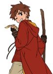  1boy black_eyes broom brown_hair cloak clyde_donovan fingerless_gloves from_behind gloves golden_snitch grin harry_potter_(series) holding holding_broom hood hood_down hooded_cloak long_sleeves looking_back male_focus one_eye_closed quidditch short_hair smile solo south_park ten_(lu2948d) v-shaped_eyebrows wizarding_world 