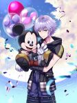  2boys absurdres animal_balloon balloon belt black_belt black_gloves black_jacket blue_pants blue_sky closed_mouth cloud cloudy_sky cocoro_oq commentary_request confetti disney fingerless_gloves furry furry_male gloves green_eyes highres hood hood_down jacket kingdom_hearts kingdom_hearts_iii leg_belt looking_at_viewer mickey_mouse mouse_boy multiple_boys open_clothes open_jacket open_mouth pants red_shorts riku_(kingdom_hearts) shirt short_hair shorts sitting sky standing tongue water waving white_gloves white_hair white_shirt yellow_footwear zipper 