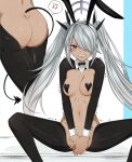  1girl absurdres alternate_costume anger_vein angry animal_ears ass black_shrug black_tail blue_archive blush breasts commentary_request covering_crotch covering_privates dark-skinned_female dark_skin demon_tail detached_collar fake_animal_ears grey_hair hair_over_one_eye halo heart_pasties highres iori_(blue_archive) long_hair looking_at_viewer meme_attire multiple_views namuhanka_tart navel pasties playboy_bunny pointy_ears rabbit_ears red_eyes revealing_clothes reverse_bunnysuit reverse_outfit shrug_(clothing) simple_background sitting small_breasts spoken_anger_vein spread_legs tail trembling twintails very_long_hair white_background 