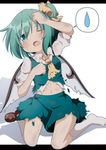  ;o absurdres ascot blue_eyes brown_footwear daiyousei do_(4-rt) fairy_wings green_hair green_skirt highres midriff navel one_eye_closed open_mouth puffy_short_sleeves puffy_sleeves shirt shoes short_sleeves side_ponytail single_shoe skirt solo spoken_sweatdrop sweatdrop torn_clothes torn_shirt torn_skirt torn_wings touhou white_legwear wings 