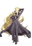  1girl absurdres arm_behind_head arm_up black_coat black_footwear black_pants black_shirt blonde_hair breasts cleavage coat commentary_request cynthia_(pokemon) full_body fur-trimmed_coat fur-trimmed_sleeves fur_collar fur_trim grey_eyes hair_ornament hair_over_one_eye hand_on_own_hip high_heels highres large_breasts long_hair long_sleeves looking_at_viewer mogi_yasunobu pants parted_lips pokemon pokemon_dppt shirt sidelocks simple_background solo v-neck very_long_hair wavy_hair white_background 