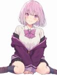  1girl arms_between_legs blush bow bowtie breasts closed_mouth eyelashes gridman_universe highres jacket long_sleeves looking_at_viewer off_shoulder pink_bow pink_bowtie pink_hair purple_bow purple_bowtie purple_jacket school_uniform shinjou_akane shirt short_hair sitnon sitting skirt smile solo ssss.gridman uniform wariza white_background white_shirt 