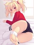  1girl animal_ears ass black_panties blonde_hair blush cat_ears cat_girl closed_mouth commentary english_commentary feet highres long_sleeves looking_at_viewer lying nottytiffy on_side original panties patreon_username red_eyes red_shirt shirt slit_pupils smile soles solo thighhighs thighs tiffy_(nottytiffy) toes twintails underwear white_thighhighs 