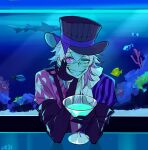  asymmetrical_clothes blue_eyes blue_hair coral crossed_bangs cup drinking_glass elbow_gloves elbows_on_table fish fish_tank gavis_bettel gavis_bettel_(1st_costume) gigglepox gloves hair_between_eyes hand_on_own_cheek hand_on_own_face hat heterochromia highres holding holding_cup holostars holostars_english male_focus medium_hair multicolored_hair pink_hair scarf shark signature smile striped_clothes top_hat upper_body vertical-striped_clothes virtual_youtuber white_hair white_scarf 