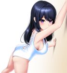  1girl absurdres against_wall arm_up armpits ass bare_arms black_hair breasts clothing_cutout from_side hibike!_euphonium highres kousaka_reina long_hair looking_at_viewer medium_breasts natme24 one-piece_swimsuit purple_eyes solo strap_gap swimsuit white_one-piece_swimsuit 