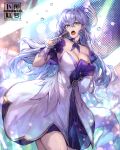  1girl absurdres aqua_eyes bare_shoulders breasts choker cleavage detached_sleeves dress grey_hair highres holding holding_microphone honkai:_star_rail honkai_(series) large_breasts long_hair looking_at_viewer microphone open_mouth purple_choker radishkek robin_(honkai:_star_rail) short_sleeves solo strapless strapless_dress thighs very_long_hair white_dress 