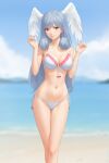  1girl alternate_costume beach bikini blurry blurry_background breasts cleavage cloud commentary commission english_commentary feathered_wings grey_hair grin head_wings highres lips long_hair looking_at_viewer medium_breasts melia_antiqua miura-n315 navel ocean outdoors pink_lips sand smile solo stomach swimsuit very_long_hair water white_bikini white_wings wings xenoblade_chronicles_(series) xenoblade_chronicles_3 