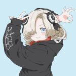  1girl :&gt; akichi_360 alternate_costume arm_behind_head black_flower black_hoodie blue_background blush brown_hair closed_mouth commentary_request enpera flower from_side goodbye_sengen_(vocaloid) hair_flower hair_ornament hair_over_one_eye hands_up highres hood hood_down hoodie isekai_joucho kamitsubaki_studio long_bangs long_hair long_sleeves looking_at_viewer looking_to_the_side multicolored_hair ok_sign parody red_hair simple_background solo streaked_hair upper_body v v-shaped_eyebrows virtual_youtuber 