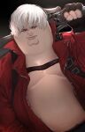  1boy absurdres black_gloves blue_eyes cleft_chin closed_mouth coat cosplay dante_(devil_may_cry) dante_(devil_may_cry)_(cosplay) devil_may_cry_(series) devil_may_cry_3 english_commentary family_guy fat fat_man fingerless_gloves gloves highres holding holding_sword holding_weapon kowai_(iamkowai) male_focus navel open_clothes open_coat peter_griffin rebellion_(sword) red_coat short_hair solo sword weapon white_hair 