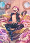 1boy aged_down bisaiiiii black_jacket black_pants charlotte_katakuri child copyright_name doughnut english_text food food_on_face holding holding_food indoors jacket leather leather_jacket leather_pants male_focus official_art one_piece one_piece_card_game open_clothes open_mouth oversized_food oversized_object pants red_hair sharp_teeth short_hair sitting sleeveless sleeveless_jacket smile stitches teeth tongue tongue_out too_much_food 