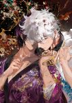  2boys abstract_background absurdres animal_collar bird black_background black_collar blood blood_in_hair bug butterfly clenched_hand collar collarbone defeat eurasian_tree_sparrow fingernails floral_background gintama hand_on_another&#039;s_chin highres japanese_clothes kimono long_sleeves male_focus messy_hair multiple_boys necessarytothink parted_lips pectoral_cleavage pectorals purple_hair purple_kimono red_eyes sakata_gintoki scar scar_on_arm short_hair sleeves_past_elbows sparrow string string_around_finger string_around_neck string_of_fate takasugi_shinsuke upper_body white_hair white_kimono yaoi yellow_butterfly 