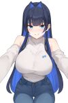  1girl absurdres ass_visible_through_thighs black_hair blue_eyes blue_hair bluefield blunt_bangs breasts colored_inner_hair commentary denim hair_intakes high-waist_pants highres hololive hololive_english jeans large_breasts long_hair long_sleeves looking_at_viewer multicolored_hair official_alternate_costume ouro_kronii ouro_kronii_(casual) pants shirt smile solo turtleneck very_long_hair virtual_youtuber white_shirt 