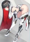  1girl bent_over black_hair boots breasts colored_inner_hair commission elbow_gloves gloves hand_on_own_head high_heel_boots high_heels highleg highleg_leotard highres large_breasts leotard long_hair mecha_musume multicolored_hair natori_youkai original pixiv_commission red_eyes red_hair solo thigh_boots very_long_hair 