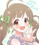  1girl :d ahoge bare_shoulders blush brown_eyes brown_hair close-up commentary_request frilled_shirt frills from_side goma_konbu green_ribbon hair_ornament hair_ribbon hair_scrunchie hakozaki_serika hand_up highres idolmaster idolmaster_million_live! lone_nape_hair long_hair looking_at_viewer looking_to_the_side open_mouth raised_eyebrows ribbon scrunchie shirt simple_background sleeveless sleeveless_shirt smile solo swept_bangs thick_eyelashes translation_request turning_head twintails waving white_background white_scrunchie white_shirt 