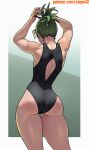  1girl absurdres adjusting_hair alternate_costume alternate_hairstyle arms_up ass back back_cutout black_one-piece_swimsuit clothing_cutout commentary english_commentary feet_out_of_frame from_behind green_background green_hair hair_pulled_back high_ponytail highres one-piece_swimsuit one-punch_man ponytail short_hair simple_background solo standing stopu swimsuit tatsumaki thigh_gap toned toned_female tying_hair variant_set 