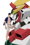  2boys abs ao_isami bare_pectorals black_hair bravern facial_hair from_side full_body male_focus mecha multiple_boys nipples pectorals profile robot sideburns_stubble size_difference smile standing stubble super_robot thick_eyebrows white_background xylo_bee yuuki_bakuhatsu_bang_bravern 