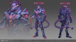  armor character_request claws copyright_request full_body glowing glowing_eyes gradient_background grey_background halo highres power_armor red_halo simple_background tail tongzhen_ganfan 