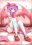 absurdres ascot bare_shoulders checkered checkered_floor full_body highres karamoneeze lavender_hair looking_at_viewer mary_janes red_eyes remilia_scarlet shoes sitting solo thighhighs torn_clothes torn_legwear touhou white_legwear wings 