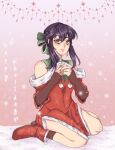  1girl bare_legs bare_shoulders black_hair blush boots christmas dress earrings elbow_gloves fingerless_gloves fire_emblem fire_emblem:_genealogy_of_the_holy_war fur-trimmed_dress fur_trim gloves hair_ribbon houoney jewelry larcei_(fire_emblem) looking_at_viewer own_hands_clasped own_hands_together ribbon santa_dress short_hair sidelocks sitting snow snowflakes snowing socks solo wariza 