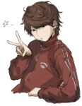  1boy :/ black_eyes brown_hair closed_mouth commentary_request cropped_torso hand_up jacket jiz_(pffbq) kiyo_(youtuber) long_sleeves looking_at_viewer male_focus real_life red_jacket short_hair simple_background solo star_(symbol) upper_body v white_background 