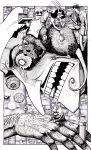  1girl 6+boys absurdres apron arm_hair arm_up bandaid bandaid_on_hand biting black_hair brick_(pizza_tower) bullet bullet_biting crying distress dress eating facial_hair food gerome_(pizza_tower) glasses greyscale gustavo_(pizza_tower) hat highres holding holding_food holding_jar holding_pizza hummelart jar key long_nose mask medium_hair monochrome mouse_(animal) mr._stick_(pizza_tower) multiple_boys mustache noisette_(pizza_tower) open_mouth peppino_spaghetti pillar_john pinafore_dress pizza pizza_box pizza_slice pizza_tower rabbit_mask riding riding_animal shirt short_hair sleeveless sleeveless_dress suit sunglasses teeth thick_mustache traditional_media white_apron white_shirt 