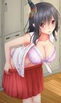  bare_shoulders blush bra breasts changing_clothes changing_room cleavage commentary_request eyebrows hair_ornament kantai_collection large_breasts looking_at_viewer open_mouth red_eyes red_skirt short_hair skirt solo tapisuke underwear yamashiro_(kantai_collection) 