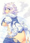  absurdres ass blue_eyes blush breasts covered_nipples eyebrows eyeshadow highres iroyopon large_breasts lavender_hair letty_whiterock looking_at_viewer makeup no_hat no_headwear plump short_hair solo thick_eyebrows torn_clothes touhou underboob 