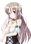  aiyoku_no_eustia breasts brown_hair cleavage collar collarbone dress eris_floraria flower hair_flower hair_ornament jewelry long_hair looking_at_viewer medium_breasts necklace purple_eyes simple_background solo strapless strapless_dress white_background yoshikita_popuri 
