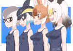  4girls :d absurdres animal_ear_fluff animal_ears bald_eagle_(kemono_friends) bare_arms bare_shoulders black-framed_eyewear black_hair blonde_hair blowhole blue_background blue_eyes blue_hair blue_one-piece_swimsuit breasts brown_eyes brown_hair bust_chart collarbone commentary common_dolphin_(kemono_friends) dhole_(kemono_friends) dog_ears dorsal_fin extra_ears glasses gradient_hair grey_hair hair_between_eyes head_wings highres kemono_friends kemono_friends_3 large_breasts masuyama_ryou medium_breasts medium_hair meerkat_(kemono_friends) multicolored_hair multiple_girls one-piece_swimsuit open_mouth short_hair simple_background small_breasts smile swimsuit two-tone_hair upper_body white_hair wings yellow_eyes 