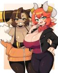  2girls absurdres animal_ears black_pants breasts brown_hair cleavage cow_ears curvy daigada draph earrings fur_trim green_eyes hand_around_waist hand_on_own_hip highres horn_ornament horn_ring horns jacket jewelry large_breasts mole mole_on_breast multicolored_hair multiple_girls neckerchief open_clothes open_jacket open_mouth orange_hair original pants pointy_ears short_hair simple_background smile sports_bra streaked_hair 