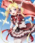  :d ahoge black_bow blonde_hair bow cowboy_shot flower flower_knight_girl frills gothic_lolita hair_flower hair_ornament highres lolita_fashion long_hair looking_at_viewer masako_(sabotage-mode) open_mouth oxalis_(flower_knight_girl) pantyhose purple_eyes smile solo striped striped_bow twintails umbrella x_hair_ornament 