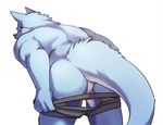  alasurth anthro anus blue_fur butt canine clothed clothing dragon fur horn hybrid looking_back male mammal partially_clothed rear_view red_eyes simple_background solo thick_tail topless underwear_down white_background wolf 
