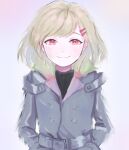 1other antenna_hair aqua_coat belt blonde_hair coat gnosia hair_between_eyes hair_ornament hairclip highres looking_at_viewer other_focus red_eyes setsu_(gnosia) short_hair simple_background smile solo turtleneck user_tnvk4885 