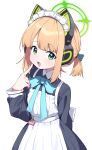  1girl :d absurdres animal_ear_headphones animal_ears apron black_dress blonde_hair blue_archive blue_bow blush bow collared_dress commentary_request dress fake_animal_ears finger_to_mouth frilled_apron frills green_eyes hair_bow halo hand_up headphones highres korean_commentary looking_at_viewer maid maid_apron maid_headdress midori_(blue_archive) midori_(maid)_(blue_archive) sidelocks simple_background smile solo tosyeo twintails white_background 