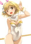  ;d alternate_costume animal_ears bare_shoulders blonde_hair breasts bunny_ears cleavage covered_navel detached_collar djeeta_(granblue_fantasy) fake_animal_ears granblue_fantasy medium_breasts one_eye_closed open_mouth sage_(granblue_fantasy) short_hair simple_background smile solo white_background yellow_eyes yuu_(kfc) 