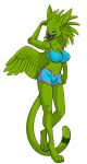  anthro avian beak black_beak breasts cleavage clothed clothing eyes_closed feathered_wings feathers female fur green_body green_feather_hair green_fur green_wings gryphon hi_res likeshine likeshine_(character) midriff mythological_avian mythological_creature mythology navel solo swimwear tail wings 