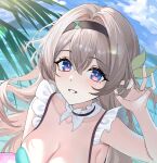  1girl absurdres bare_shoulders black_hairband blue_sky breasts cleavage day firefly_(honkai:_star_rail) grey_hair grin hair_intakes hairband highres honkai:_star_rail honkai_(series) long_hair looking_at_viewer ocean outdoors purple_eyes sicle sky smile solo unfinished upper_body very_long_hair water 