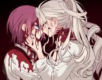  2boys bad_id bad_pixiv_id blood blood_on_clothes blood_on_face blue_eyes closed_mouth collared_shirt ensemble_stars! eye_contact face-to-face from_side grey_hair hair_between_eyes hand_on_another&#039;s_face hand_on_another&#039;s_neck long_hair long_sleeves looking_at_another male_focus meremero multiple_boys noses_touching open_mouth ponytail ran_nagisa red_eyes saegusa_ibara shirt short_hair smile upper_body white_shirt yaoi 