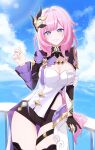  1girl absurdres black_gloves black_shorts blue_eyes blue_sky breasts cleavage clothing_cutout cloud cloudy_sky elf elysia_(honkai_impact) elysia_(miss_pink_elf)_(honkai_impact) frilled_sleeves frills gloves hair_between_eyes hair_ornament highres honkai_(series) honkai_impact_3rd large_breasts leaning_on_object leaning_to_the_side long_hair looking_at_viewer pink_hair pink_pupils pointy_ears qing231 shirt short_shorts shorts side_cutout sky smile solo sunlight teeth thighs triquetra very_long_hair water white_shirt 