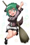  ;d adapted_costume animal_ears arm_up asheta7 bamboo_broom bare_legs blush breasts broom dog_ears dog_tail fang fist_pump floppy_ears green_eyes green_hair highres jumping kasodani_kyouko knees_together_feet_apart large_breasts looking_at_viewer miniskirt one_eye_closed open_mouth shoes short_hair skirt smile socks solo tail touhou 