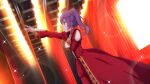  1girl 22/7 22/7_ongaku_no_jikan ahoge concert dress dutch_angle fang from_side game_cg hair_between_eyes hair_ornament hand_on_own_chest highres indoors lens_flare long_sleeves non-web_source official_art outstretched_arm purple_eyes purple_hair red_curtains red_dress solo sparkle stage_lights tojo_yuki twintails 
